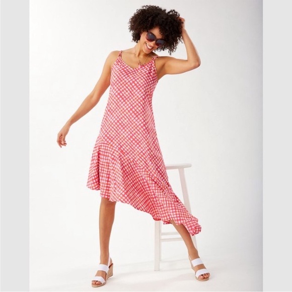 TOMMY BAHAMA Harbour Island Gingham Asymmetrical Sleeveless Beach Dress Pink Red - Picture 11 of 12